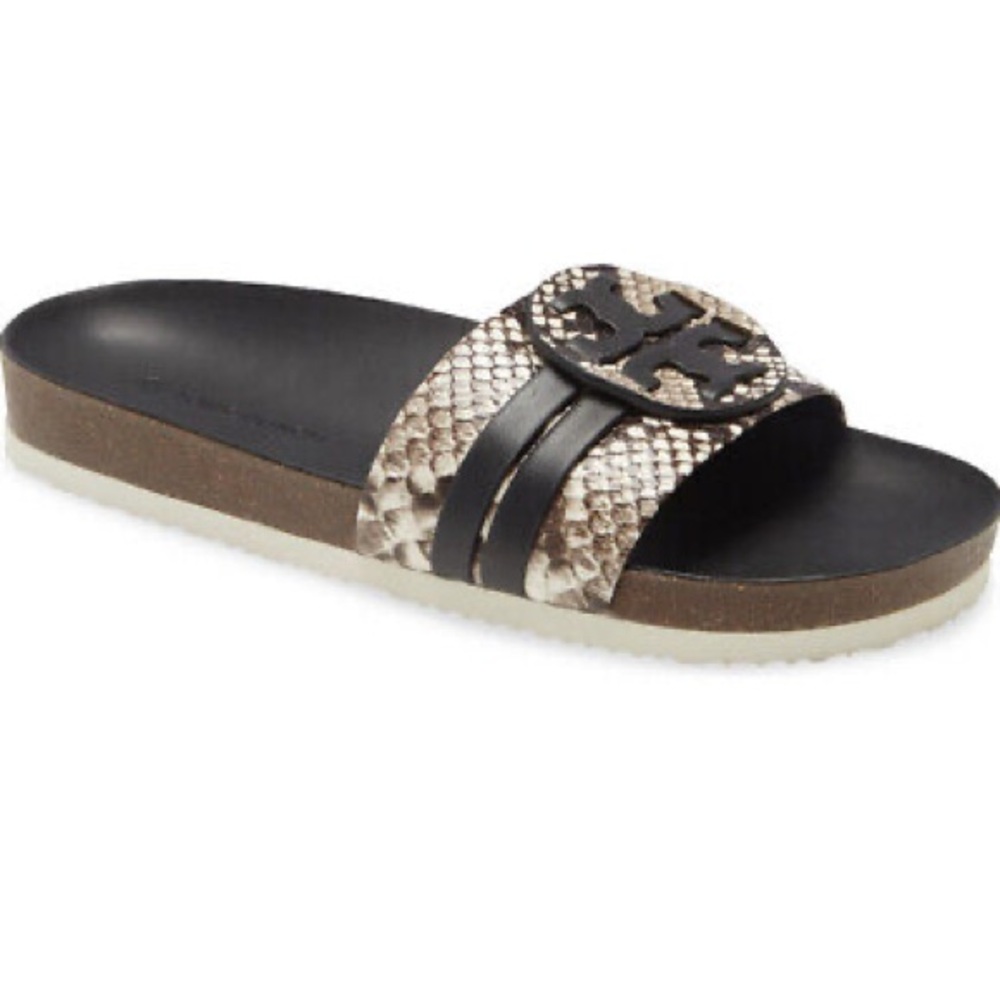 Tory Burch Leigh Anatomic slides. stamped snake printed leather. size 8